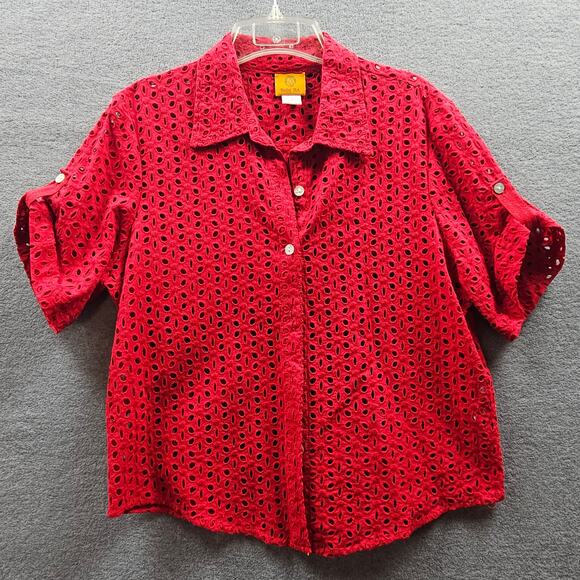 Ruby Red eyelet blouse beach coverup red cinched pleat on back button tab sleeve - Picture 1 of 7